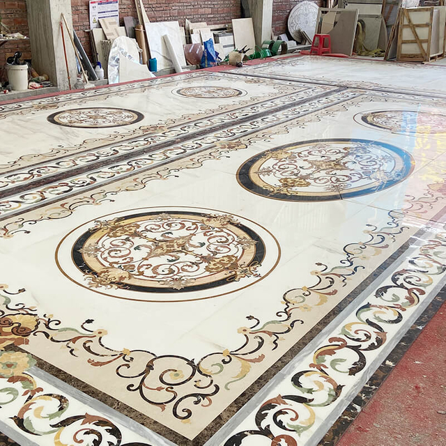 Luxury Hotel Lobby Waterjet Marble Medallion Square Marble Inlay Medallion Floor Tiles for Villa